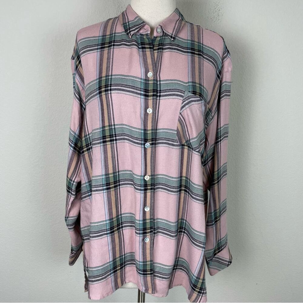 J Jill Pink Gray Plaid Long Sleeve Button Down Shirt Medium - Picture 2 of 9